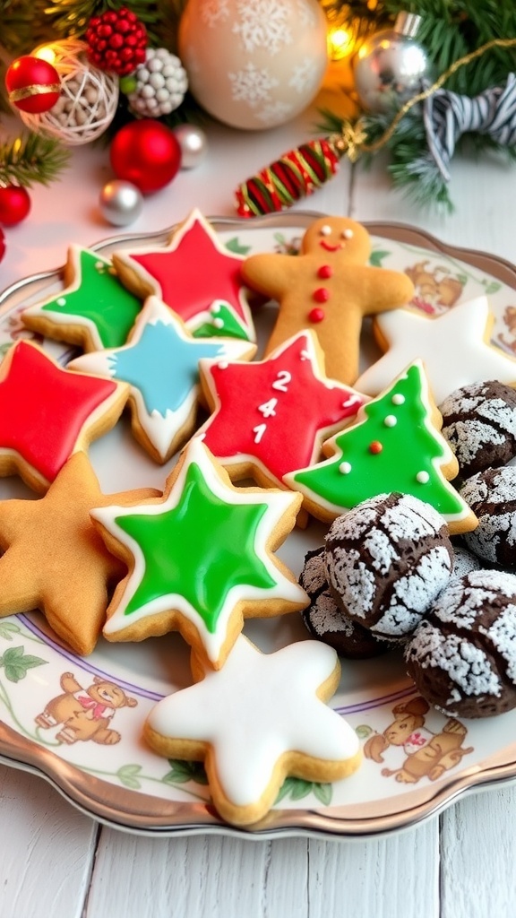 Christmas Cookie Variety Recipe An assortment of Christmas cookies including sugar cookies, gingerbread men, and chocolate crinkles on a decorative plate.